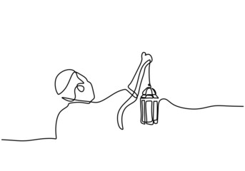 One continuous single line of man bring lantern isolated on white background.