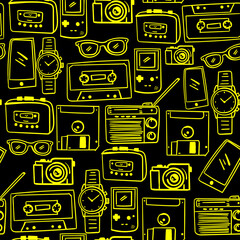 Seamless pattern of 90s stuff for nostalgia isolated on black background.