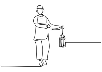 One continuous single line of muslim boy bring lantern isolated on white background.