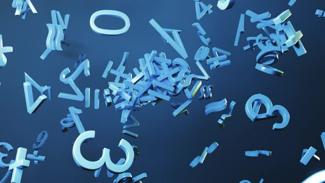 Numbers and math symbols floating around in the air and gravitating to a centeral position.
