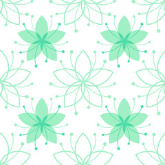 Lovely floral seamless pattern with simple flowers. Mint green on white background. Line illustration for textile, wrapping paper, fabric, greeting card, fashion. Vector backdrop with natural tune.