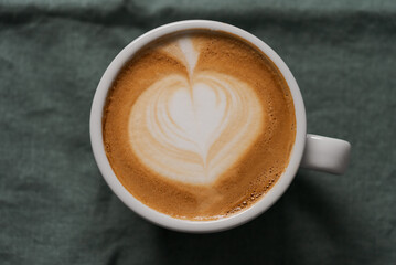 top down shot of flat white coffee in white cup