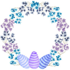 Colorful watercolor Easter frame with eggs and flowers in purple colors, isolated on white background.