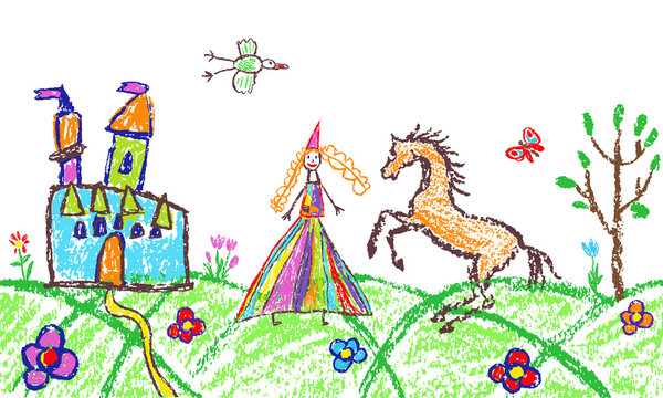Princess or queen, castle, horse. Crayon like kids hand drawn fairy kingdom outdoor background. Fantasy fairy doodle simple vector. Colorful vector crayon, pastel chalk or pencil cartoon scribble art