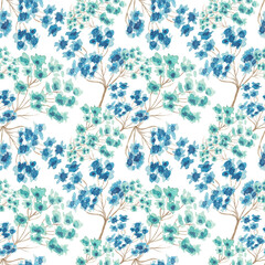 Watercolor botanical pattern with blue flowers on a white background. Seamless colorful pattern for various products