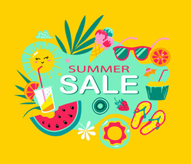 Summer sale vector banner template. Summer sale shop with elements like  fruits, ice cream,beach shoes and palm leaves for tropical beach advertisement discount promo.