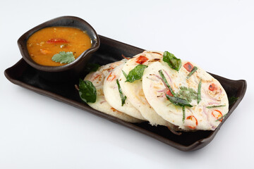 south indian food, UTTHAPAM WITH SAMBAR served in a ceramic plate