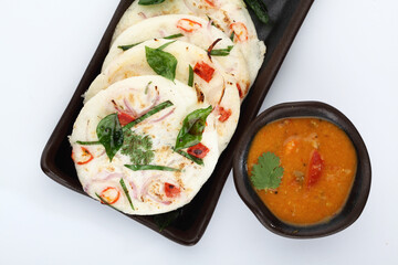 south indian food, UTTHAPAM WITH SAMBAR served in a ceramic plate