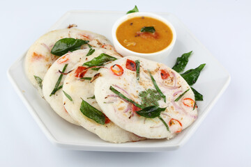 south indian food, UTTHAPAM WITH SAMBAR served in a ceramic plate
