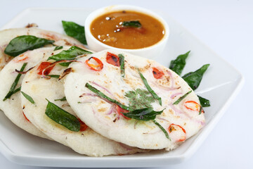 south indian food, UTTHAPAM WITH SAMBAR served in a ceramic plate