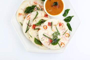 south indian food, UTTHAPAM WITH SAMBAR served in a ceramic plate