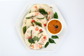 south indian food, UTTHAPAM WITH SAMBAR served in a ceramic plate