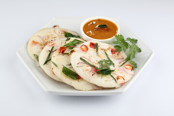 south indian food, UTTHAPAM WITH SAMBAR served in a ceramic plate