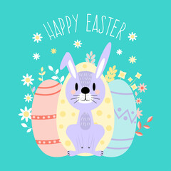 Congratulatory Easter card. The bunny sits on the background of festive eggs. Happy Easter wishes