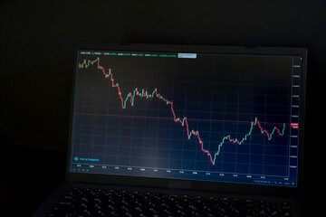 Laptop display with a graph of the movement of crypto currency.