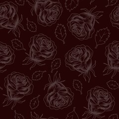 Monochrome seamless pattern with engraved roses on low contrast background. Vector illustration.