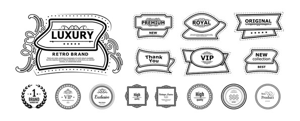 Outline collection stickers and labels with text. Vector premium borders, original labels, new collection stickers and luxury circle buttons. Black and white vintage isolated borders