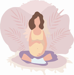 Yoga for pregnant women. Active well built pregnant female character. Banner in blue tones for you. Vector illustration in cartoon style.