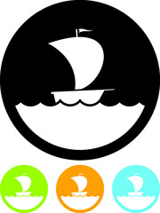 Boat with canvas sailing on water waves. Sea ship vector icon isolated