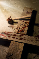 Blood drips on a wooden cross - obrazy, fototapety, plakaty