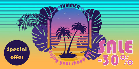 Summer Sale Banner Design in Isolated Background for Summer Promotions. Summer tropical backgrounds set with palms, sky and sunset. Summer placard poster flyer invitation card. Summertime.