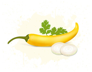 Yellow chilli pepper with onion pieces and coriander leaves vector illustration