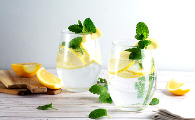Water in glass with lemon and mint, healthy concept