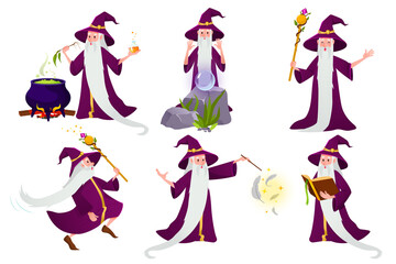 Obraz na płótnie Canvas Cartoon wizard set. A magical character with a long gray beard and a hat in different situations and poses. The wizard conjures, brews a potion, runs, reads a magic book, greets. Vector illustration.