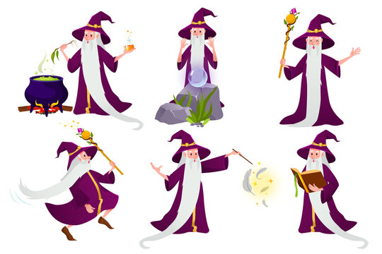 Cartoon wizard set. A magical character with a long gray beard and a hat in different situations and poses. The wizard conjures, brews a potion, runs, reads a magic book, greets. Vector illustration.
