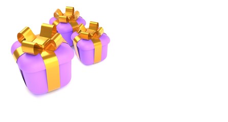 3d three purple gift boxes with golden ribbons on white background
