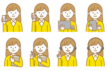 女性 PC スマホ タブレット 私服 オフィスカジュアル 襟 ワイシャツ カーディガン 人物 イラスト ベクター AI 素材