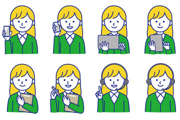 女性 PC スマホ タブレット 私服 オフィスカジュアル 襟 ワイシャツ カーディガン 人物 イラスト ベクター AI 素材