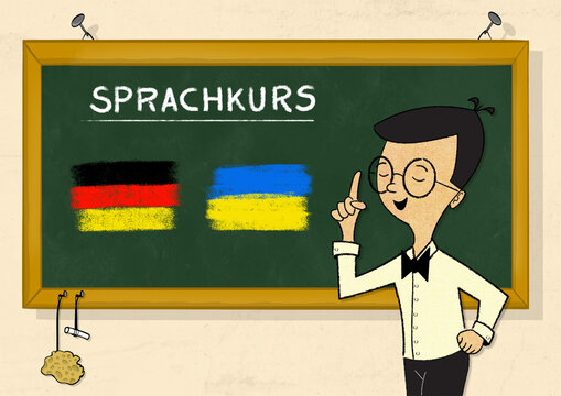 Lehrer steht lächelnd mit erhobenem Zeigefinger vor einer grünen Schultafel auf der "Sprachkurs" steht und eine deutsche und urainische Flagge gemalt sind. 