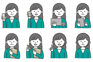 女性 PC スマホ タブレット 私服 オフィスカジュアル  カーディガン 人物 イラスト ベクター AI 素材