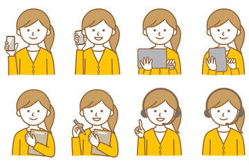 女性 PC スマホ タブレット 私服 オフィスカジュアル  カーディガン 人物 イラスト ベクター AI 素材