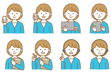 女性 PC スマホ タブレット 私服 オフィスカジュアル  カーディガン 人物 イラスト ベクター AI 素材