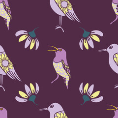 Vector purple yellow birds and flower seamless pattern. trend print for textiles and wallpaper.
