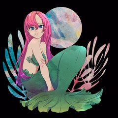 Anime mermaid with pink hair