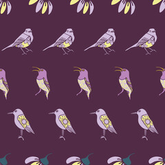 Vector purple yellow birds horizontal seamless pattern. trend print for textiles and wallpaper.