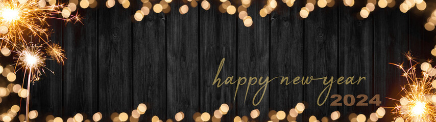 HAPPY NEW YEAR 2023, New Year's Eve, Silvester background banner panorama long- sparklers and boheh lights on rustic wooden texture, top view with space for text..