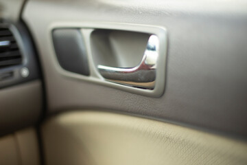 Interior of car. Machine from inside. Interior of car. Panels and handles in transport.