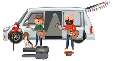 People playing guitars by the van
