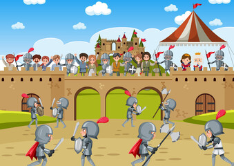 Obraz na płótnie Canvas Medieval scene with knights and villagers