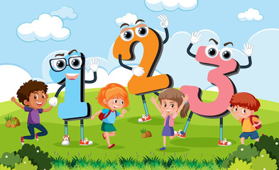 Cartoon kids with number 1 2 3