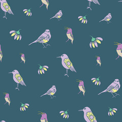 Vector green purple yellow birds and flower ditsy seamless pattern. trend print for textiles and wallpaper.