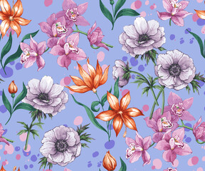 Fashionable trendy textile floral digital pattern wallpaper stylish print tile seamless decorative interior trendy cute with anemone orchid on a complex blue background with spots.