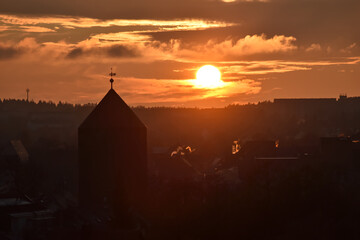 View on Freiberg in Germany with the silhouette of the Donatsturm. A medieval defence tower during...