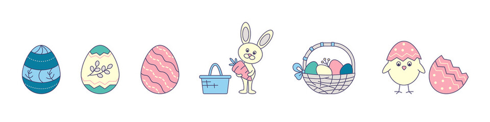 Vector illustration of cartoon Easter holiday icons n flat style on white background.