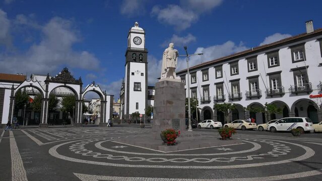 The famous city gates and the church of San Sebastian, Ponta Delgada