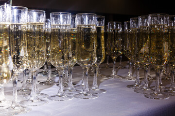 A row of wine glasses on a table